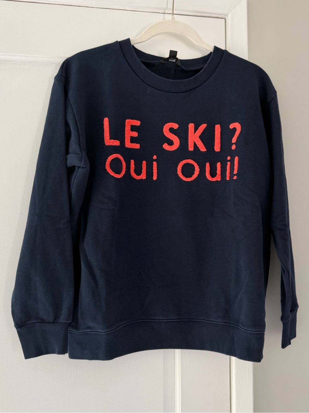 J. Crew Navy Crewneck with Red Chenille 'Le Ski? Oui Oui!'
